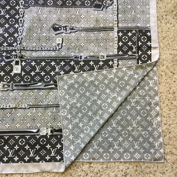 LV Silk Scarf Black Silver Locket Print Shawl - Picture 2 of 6